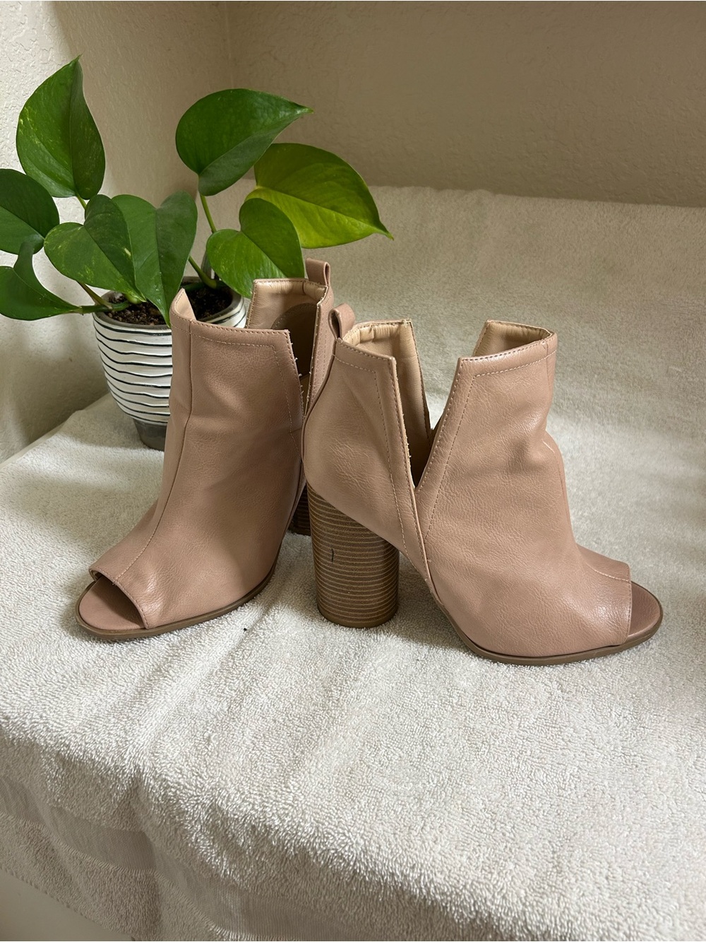 Qupid Blush Open-Toe Cutout Ankle Booties
